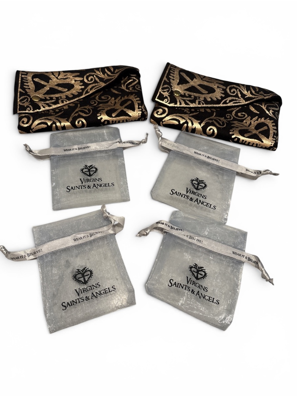 Virgins Saints & Angels (2) Black & Gold Jewelry Pouches (4) Drawstring Bags